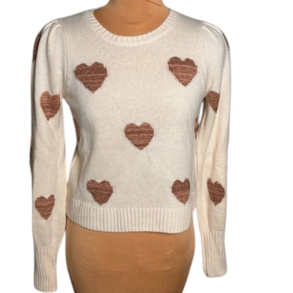 Splendid Heart Sweater Cream Crew Neck Bronze Lurex Hearts Soft Knit Size XS